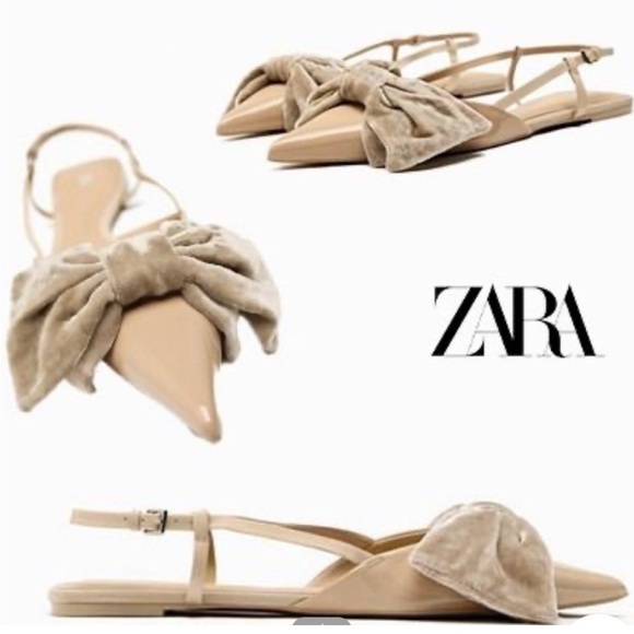Zara Patent Pointed toe Flat Slingback Shoes Velvet Bow Tan 6.5 37 NWT - Picture 5 of 15